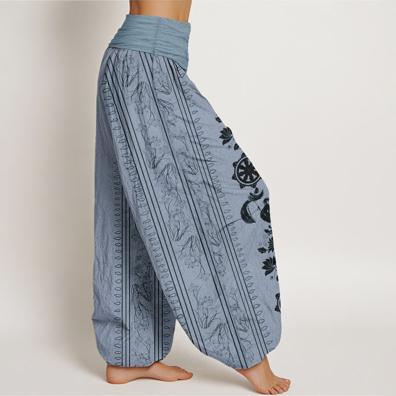 Pure Cotton Dharma Wheel Lotus OM Pattern Women's Elastic Waist Harem Pants