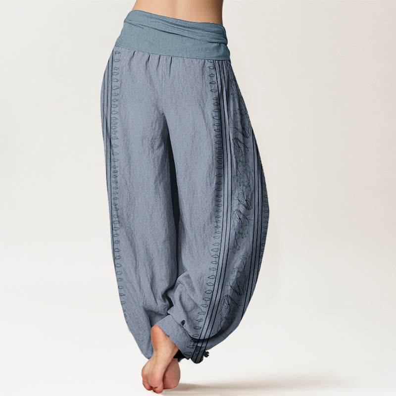 Pure Cotton Dharma Wheel Lotus OM Pattern Women's Elastic Waist Harem Pants