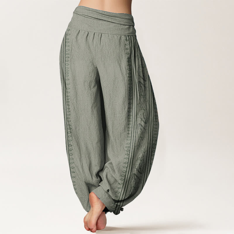 Pure Cotton Dharma Wheel Lotus OM Pattern Women's Elastic Waist Harem Pants