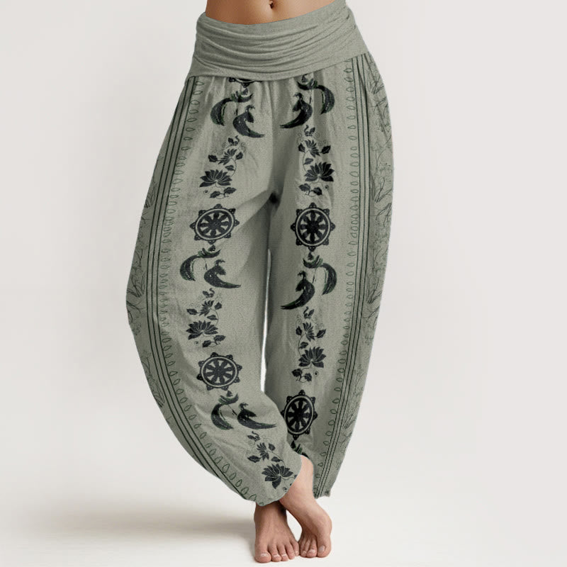 Pure Cotton Dharma Wheel Lotus OM Pattern Women's Elastic Waist Harem Pants