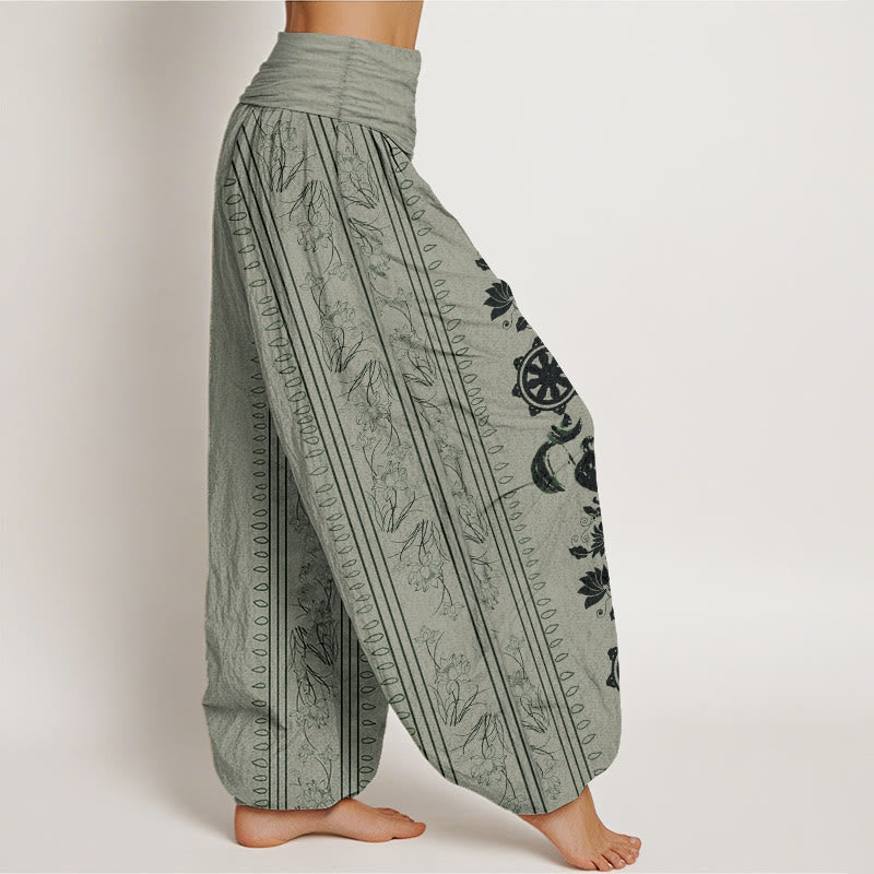 Pure Cotton Dharma Wheel Lotus OM Pattern Women's Elastic Waist Harem Pants