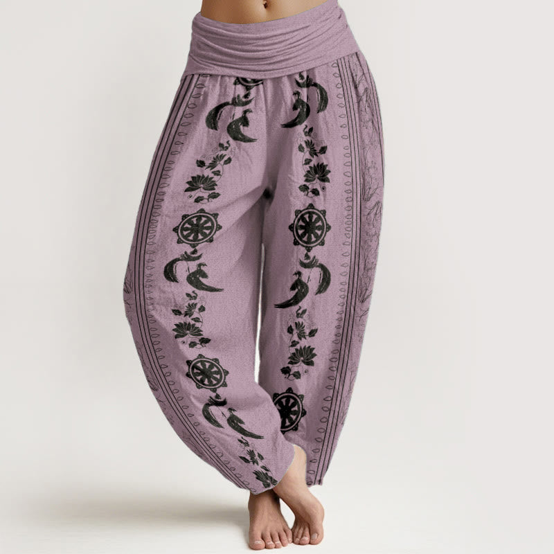 Pure Cotton Dharma Wheel Lotus OM Pattern Women's Elastic Waist Harem Pants