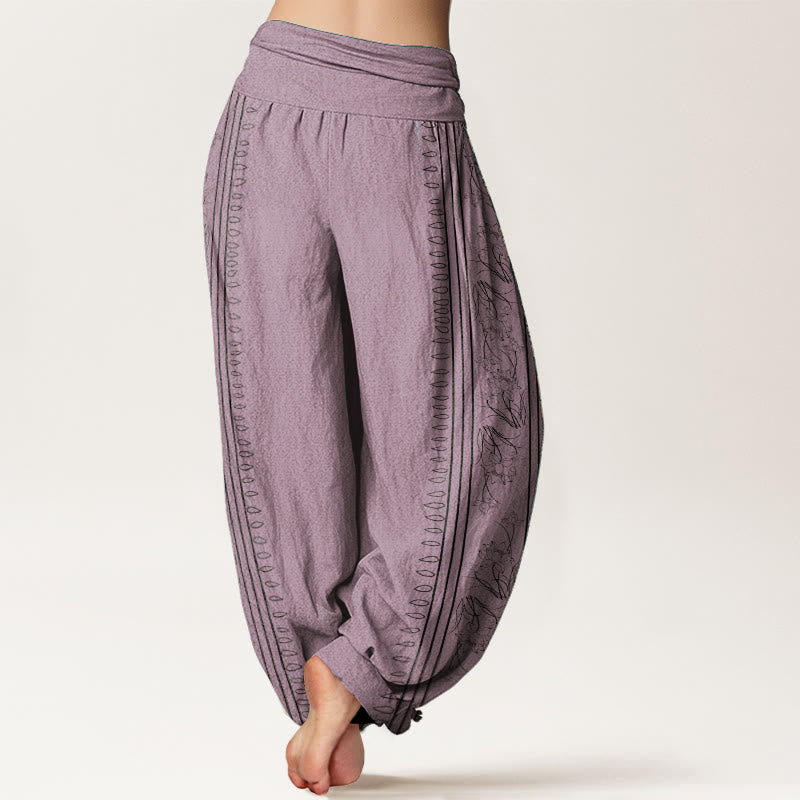Pure Cotton Dharma Wheel Lotus OM Pattern Women's Elastic Waist Harem Pants