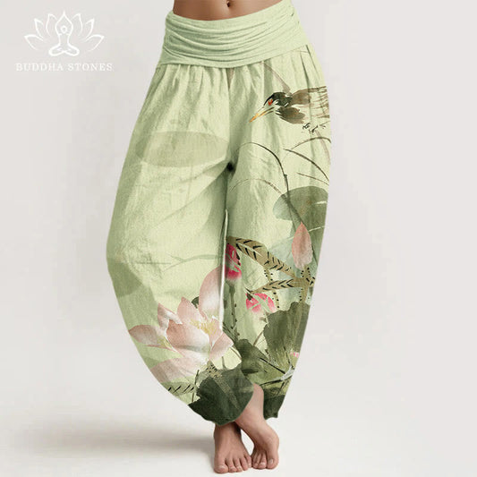 Cotton Pink Lotus Leaves Bird Pattern Women's Elastic Waist Harem Pants