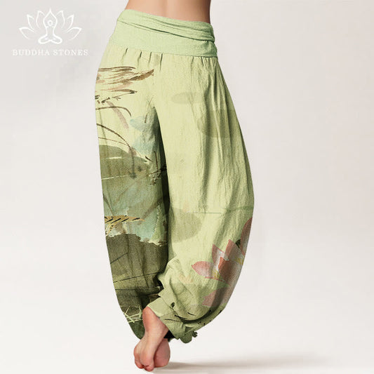 Cotton Pink Lotus Leaves Bird Pattern Women's Elastic Waist Harem Pants