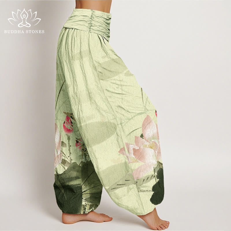 Cotton Pink Lotus Leaves Bird Pattern Women's Elastic Waist Harem Pants