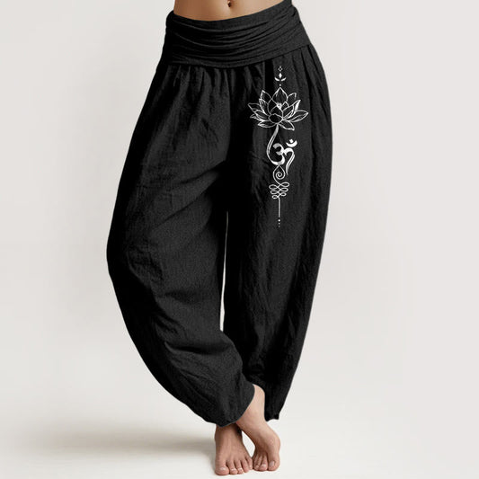 Pure Cotton Minimalist Style Lotus Om Symbol Pattern Women's Elastic Waist Harem Pants