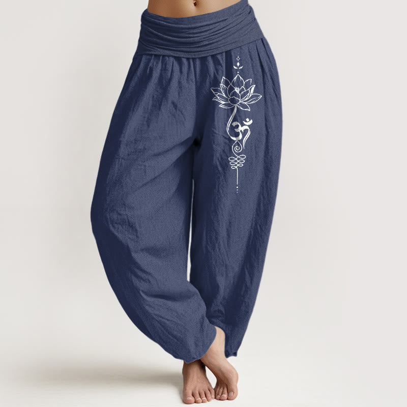 Pure Cotton Minimalist Style Lotus Om Symbol Pattern Women's Elastic Waist Harem Pants
