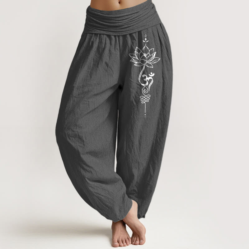 Pure Cotton Minimalist Style Lotus Om Symbol Pattern Women's Elastic Waist Harem Pants