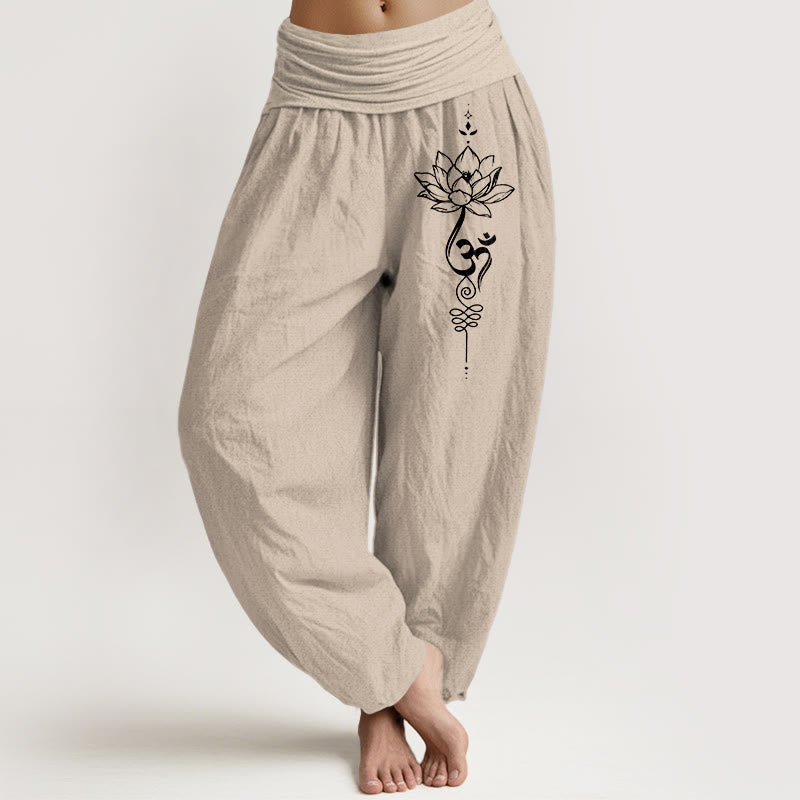 Pure Cotton Minimalist Style Lotus Om Symbol Pattern Women's Elastic Waist Harem Pants