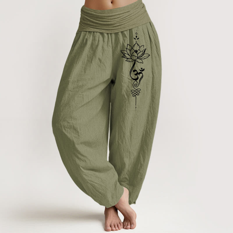Pure Cotton Minimalist Style Lotus Om Symbol Pattern Women's Elastic Waist Harem Pants