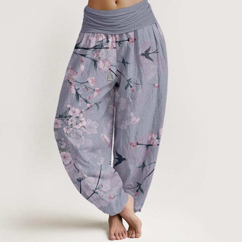 Cotton Peach Blossoms Flying Geese Pattern Women's Elastic Waist Harem Pants