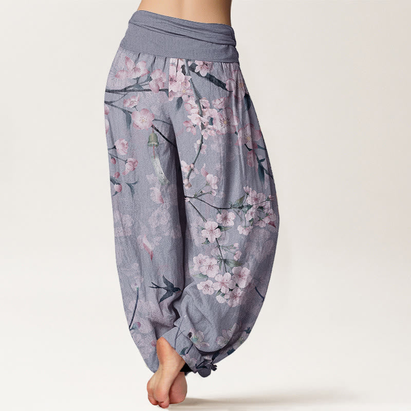 Cotton Peach Blossoms Flying Geese Pattern Women's Elastic Waist Harem Pants