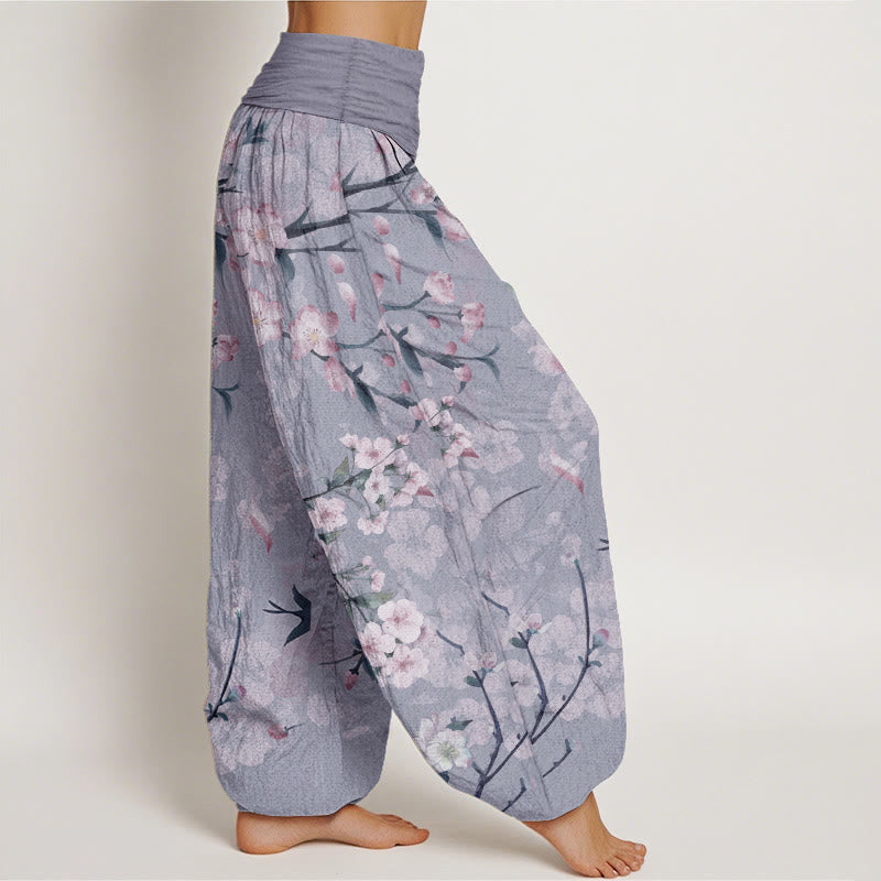Cotton Peach Blossoms Flying Geese Pattern Women's Elastic Waist Harem Pants