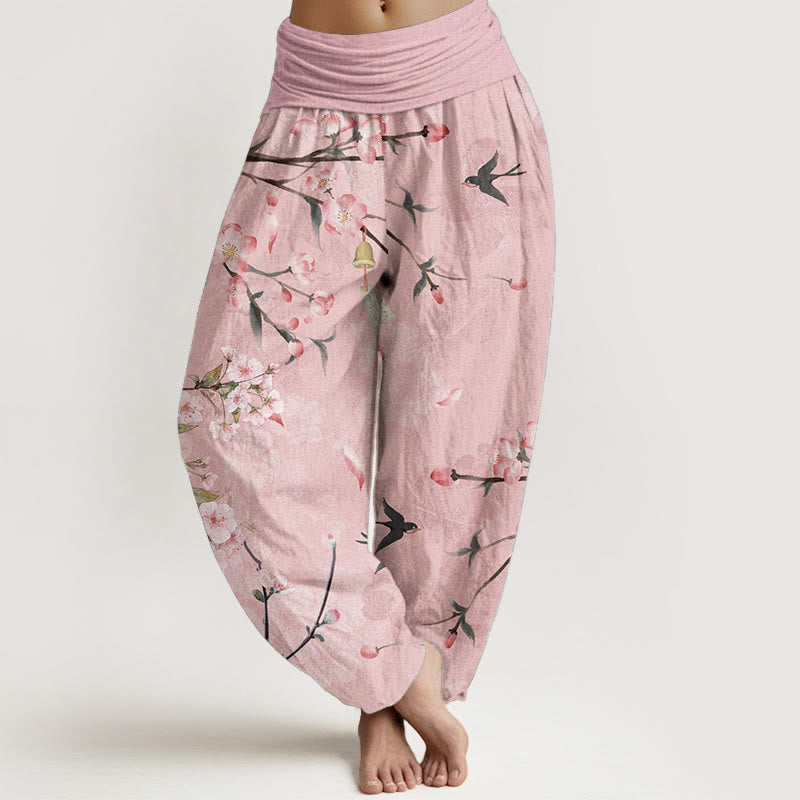 Cotton Peach Blossoms Flying Geese Pattern Women's Elastic Waist Harem Pants