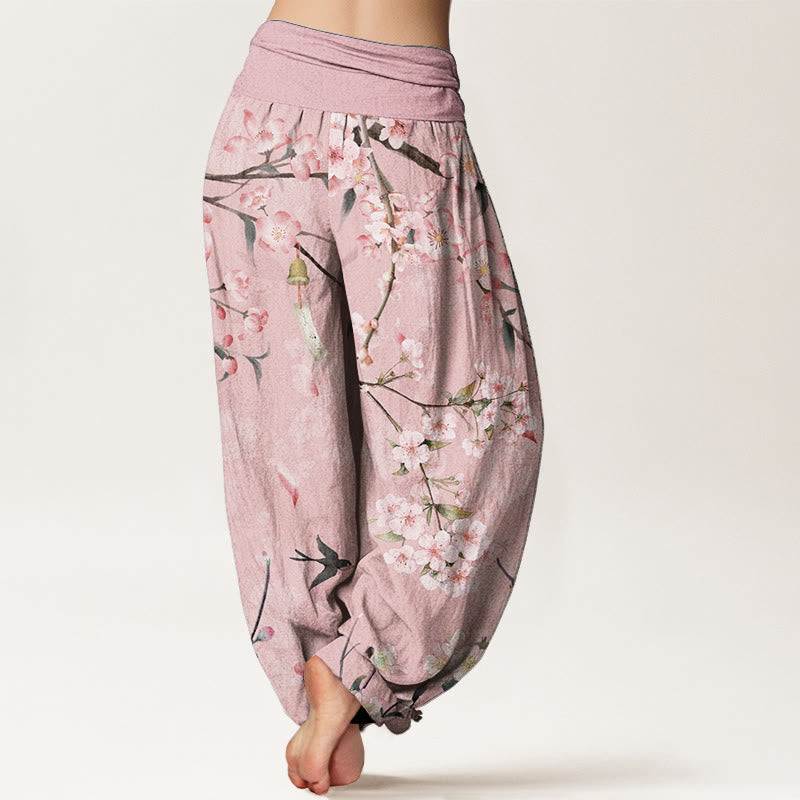 Cotton Peach Blossoms Flying Geese Pattern Women's Elastic Waist Harem Pants