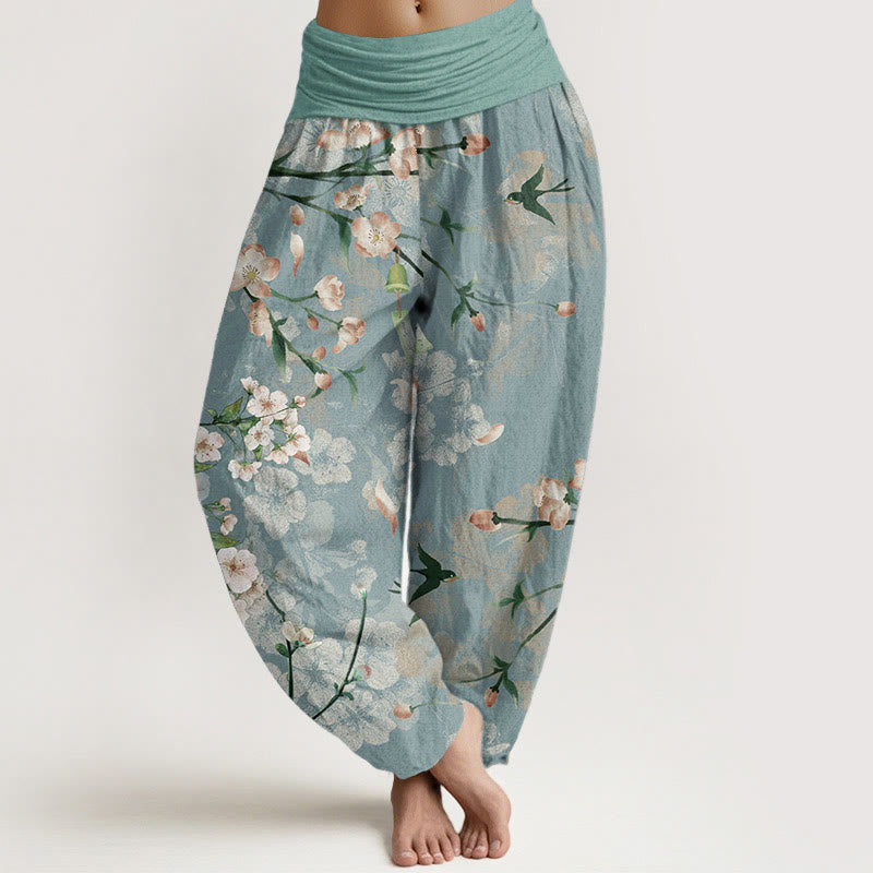 Cotton Peach Blossoms Flying Geese Pattern Women's Elastic Waist Harem Pants