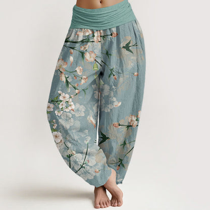 Cotton Peach Blossoms Flying Geese Pattern Women's Elastic Waist Harem Pants