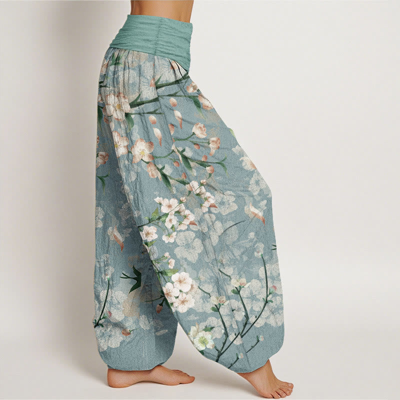 Cotton Peach Blossoms Flying Geese Pattern Women's Elastic Waist Harem Pants
