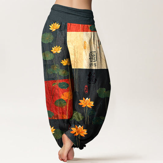 Pure Cotton Strong Visual Impact Lotus Flowers Leaves Pattern Women's Elastic Waist Harem Pants