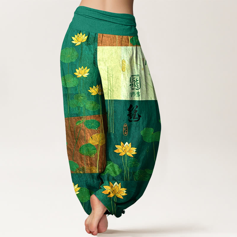 Pure Cotton Strong Visual Impact Lotus Flowers Leaves Pattern Women's Elastic Waist Harem Pants