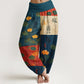Pure Cotton Strong Visual Impact Lotus Flowers Leaves Pattern Women's Elastic Waist Harem Pants