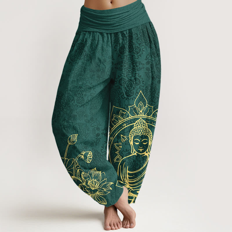 Pure Cotton Classical Lotus Flower Seedpod Leaf Buddha Pattern Women's Elastic Waist Harem Pants
