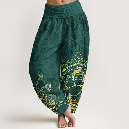 Pure Cotton Classical Lotus Flower Seedpod Leaf Buddha Pattern Women's Elastic Waist Harem Pants