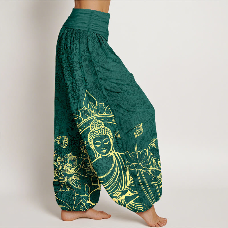 Pure Cotton Classical Lotus Flower Seedpod Leaf Buddha Pattern Women's Elastic Waist Harem Pants