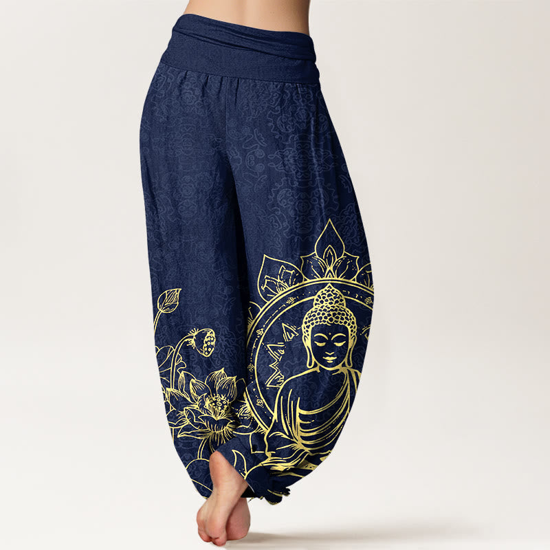 Pure Cotton Classical Lotus Flower Seedpod Leaf Buddha Pattern Women's Elastic Waist Harem Pants
