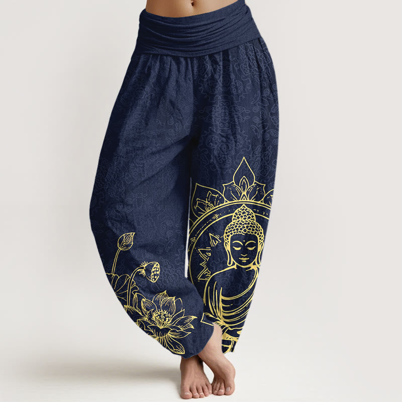 Pure Cotton Classical Lotus Flower Seedpod Leaf Buddha Pattern Women's Elastic Waist Harem Pants