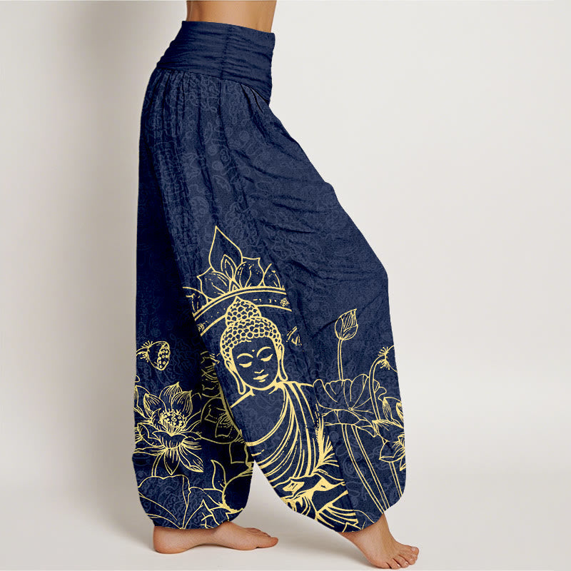Pure Cotton Classical Lotus Flower Seedpod Leaf Buddha Pattern Women's Elastic Waist Harem Pants