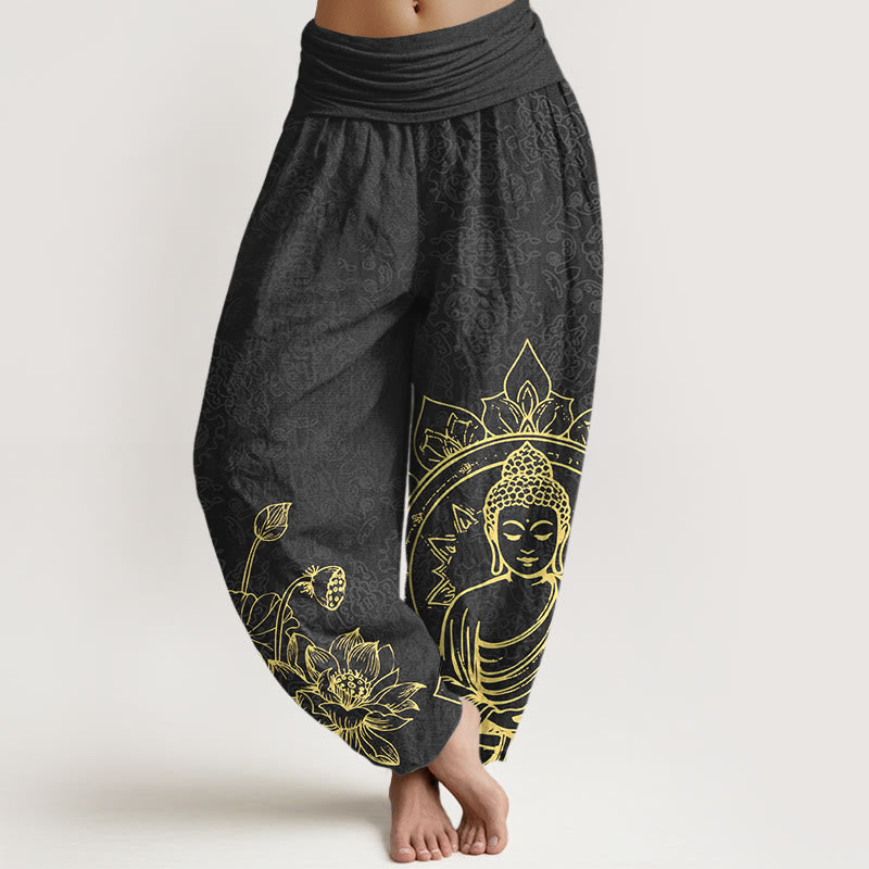 Pure Cotton Classical Lotus Flower Seedpod Leaf Buddha Pattern Women's Elastic Waist Harem Pants