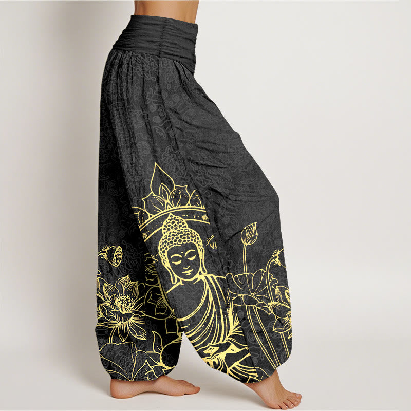 Pure Cotton Classical Lotus Flower Seedpod Leaf Buddha Pattern Women's Elastic Waist Harem Pants