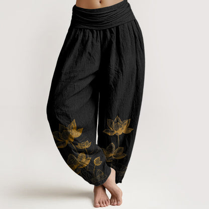 Pure Cotton Line Drawing Lotus Flower Pattern Women's Elastic Waist Harem Pants