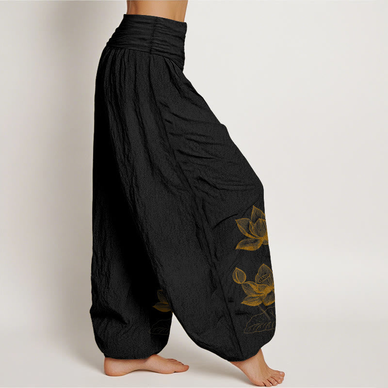 Pure Cotton Line Drawing Lotus Flower Pattern Women's Elastic Waist Harem Pants