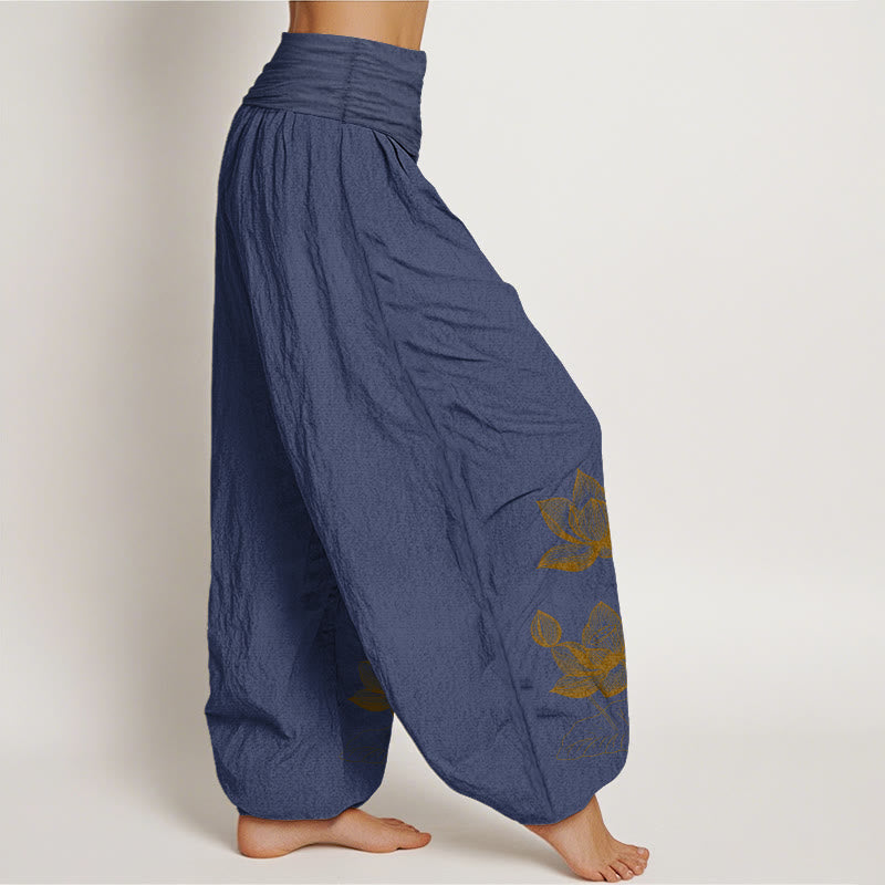 Pure Cotton Line Drawing Lotus Flower Pattern Women's Elastic Waist Harem Pants