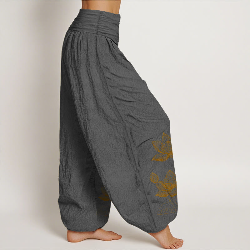 Pure Cotton Line Drawing Lotus Flower Pattern Women's Elastic Waist Harem Pants