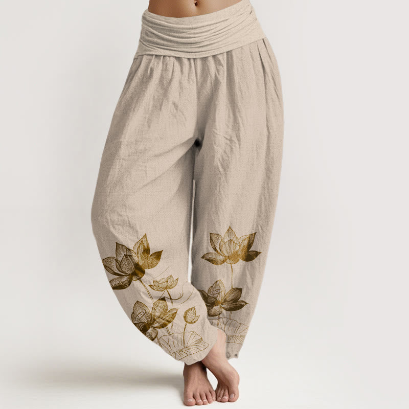 Pure Cotton Line Drawing Lotus Flower Pattern Women's Elastic Waist Harem Pants