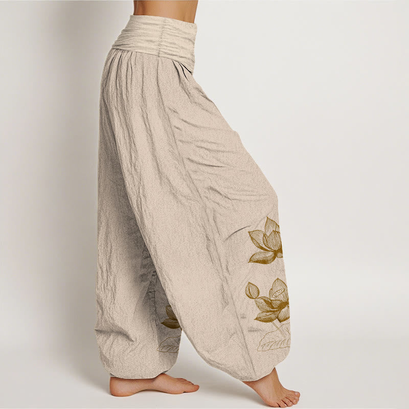 Pure Cotton Line Drawing Lotus Flower Pattern Women's Elastic Waist Harem Pants