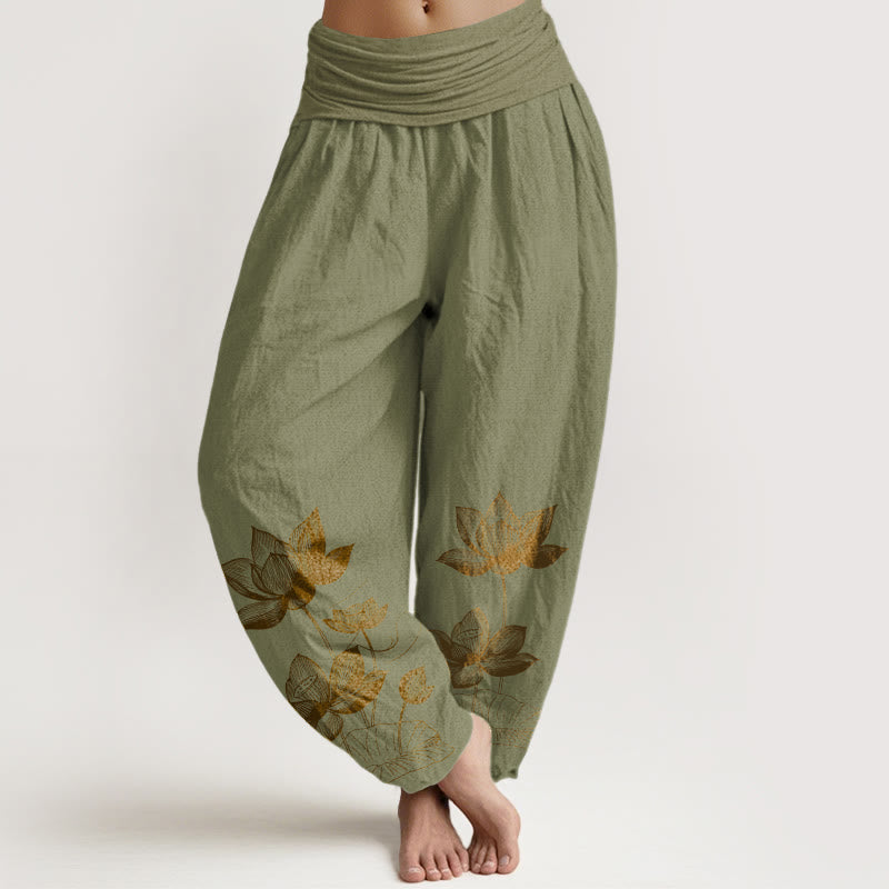 Pure Cotton Line Drawing Lotus Flower Pattern Women's Elastic Waist Harem Pants