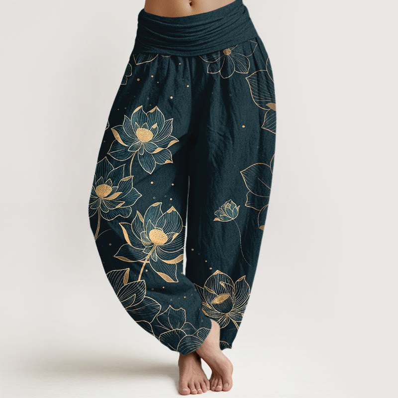 Pure Cotton Delicate Lotus Pattern Women's Elastic Waist Harem Pants