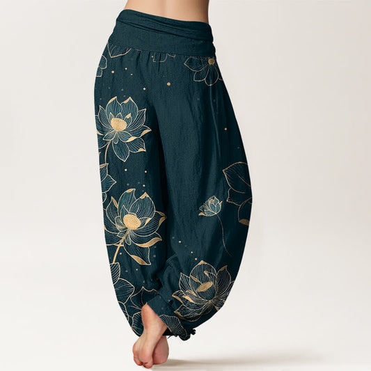 Pure Cotton Delicate Lotus Pattern Women's Elastic Waist Harem Pants