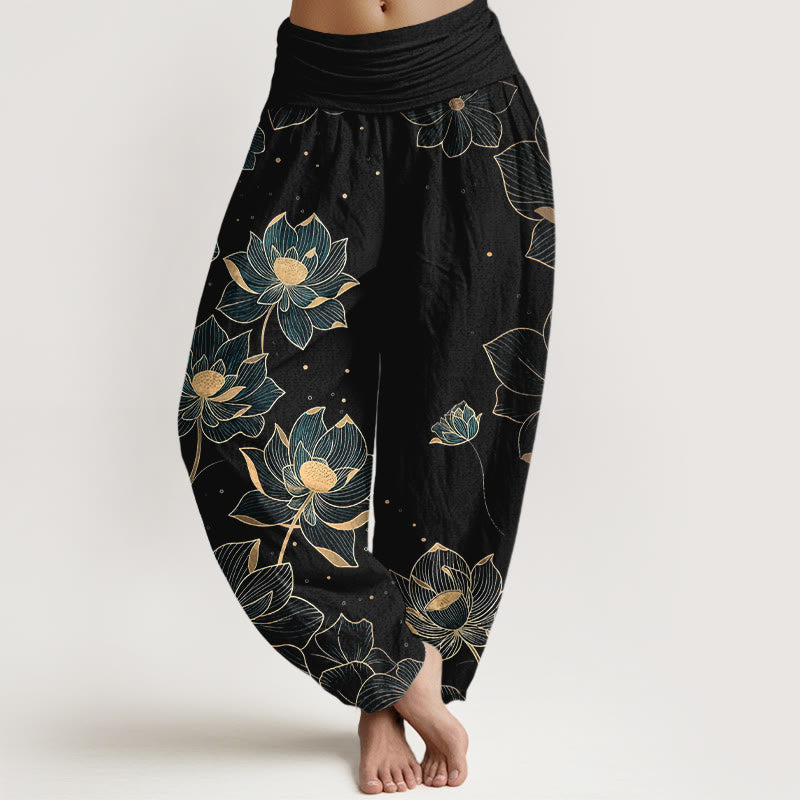 Pure Cotton Delicate Lotus Pattern Women's Elastic Waist Harem Pants
