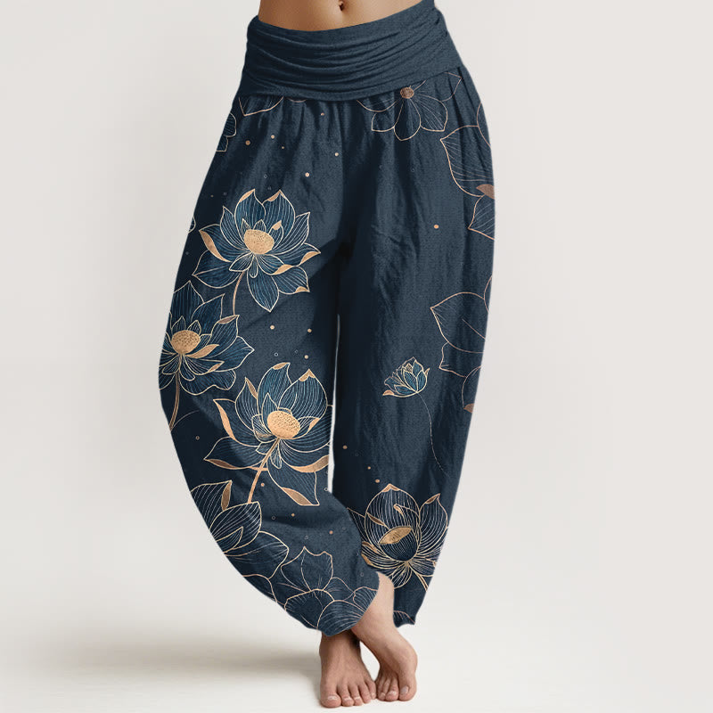 Pure Cotton Delicate Lotus Pattern Women's Elastic Waist Harem Pants