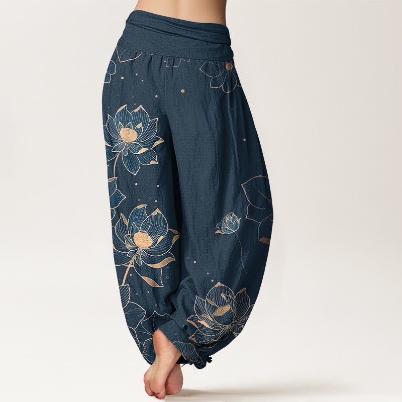 Pure Cotton Delicate Lotus Pattern Women's Elastic Waist Harem Pants