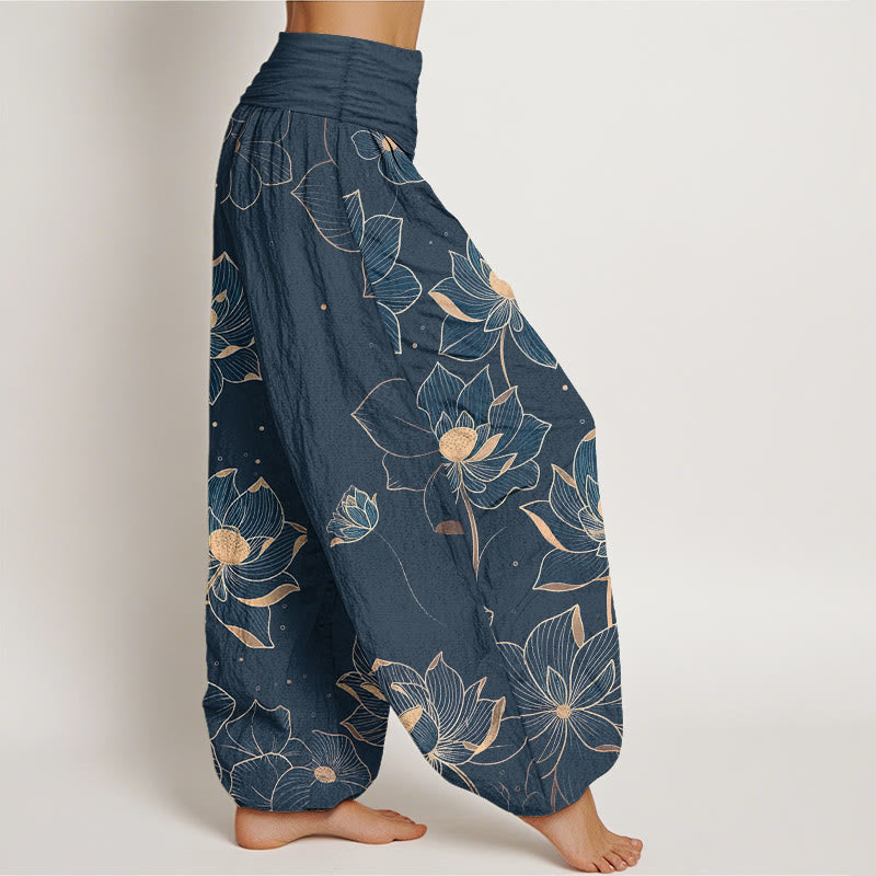 Pure Cotton Delicate Lotus Pattern Women's Elastic Waist Harem Pants