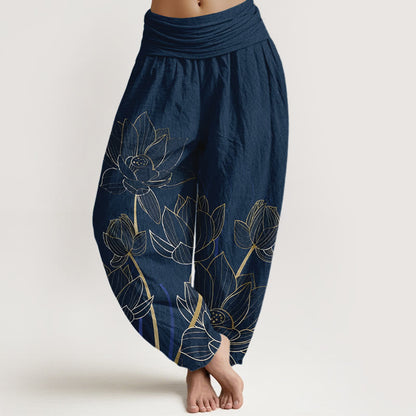 Pure Cotton Minimalist Style Lotus Flower Pod Pattern Women's Elastic Waist Harem Pants