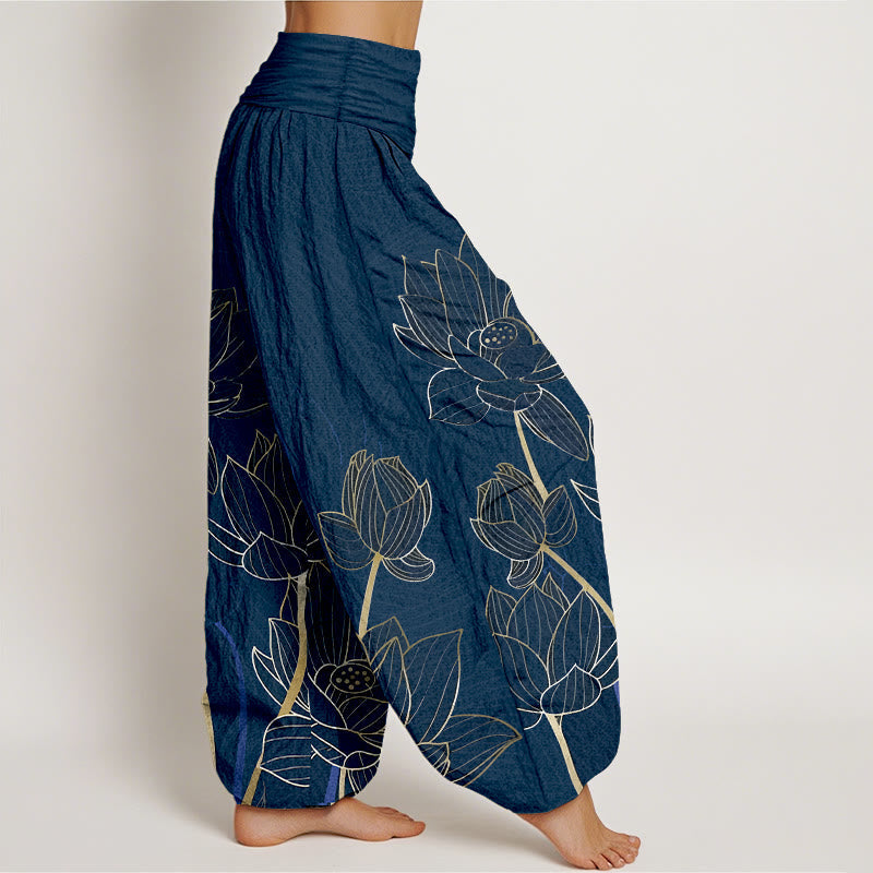 Pure Cotton Minimalist Style Lotus Flower Pod Pattern Women's Elastic Waist Harem Pants