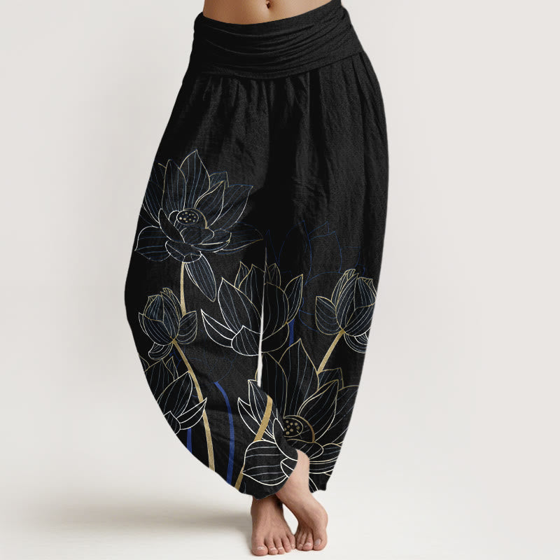 Pure Cotton Minimalist Style Lotus Flower Pod Pattern Women's Elastic Waist Harem Pants
